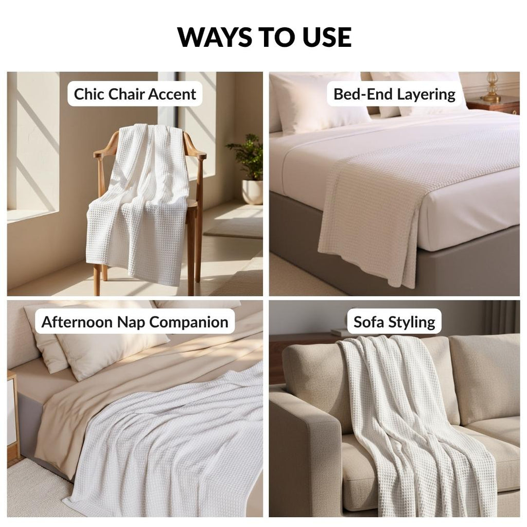 Combed Cotton Waffle Sofa Throw Blanket Pristine White 220x200cm Nestasia