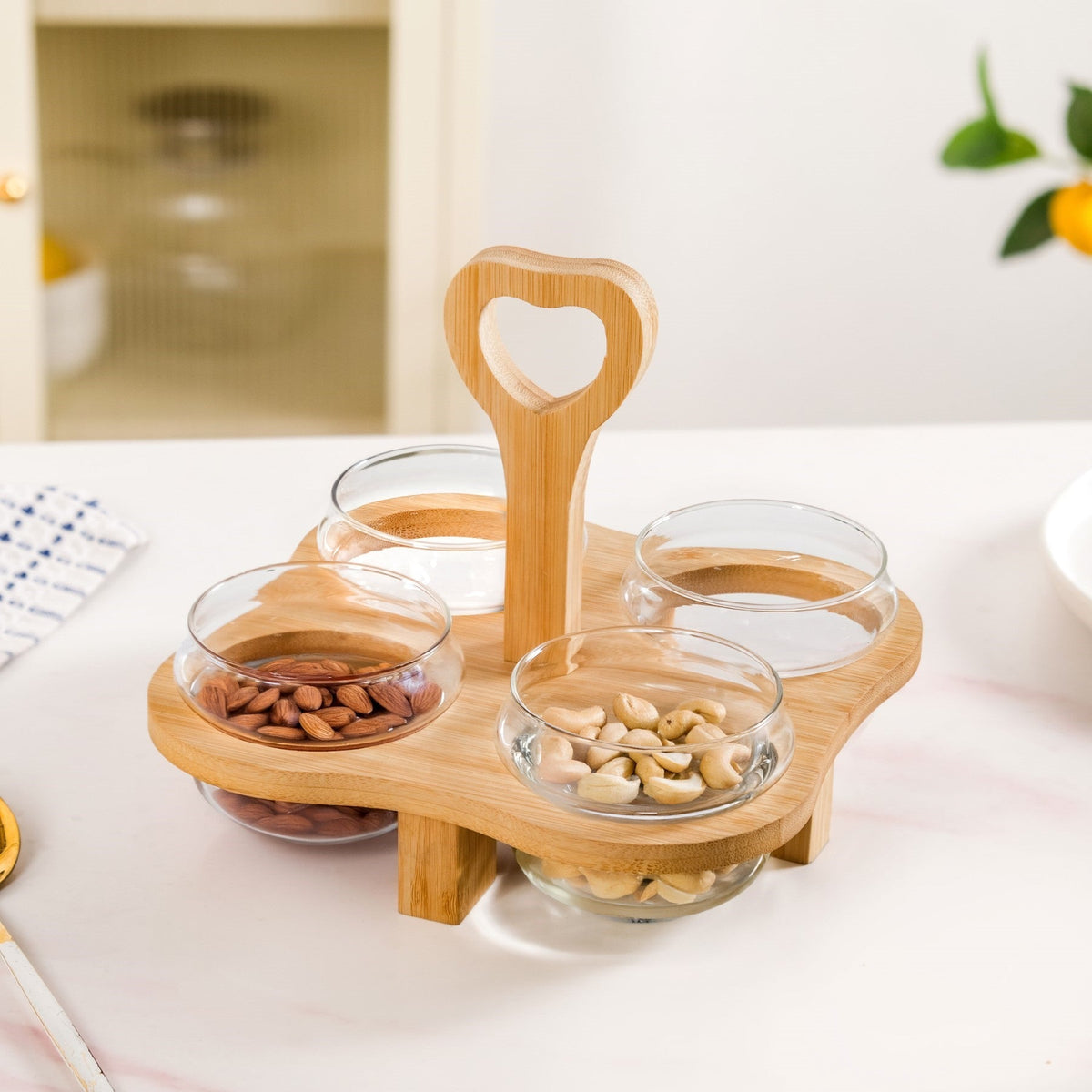Glass Bowls Set Of 4 With Bamboo Stand Nestasia