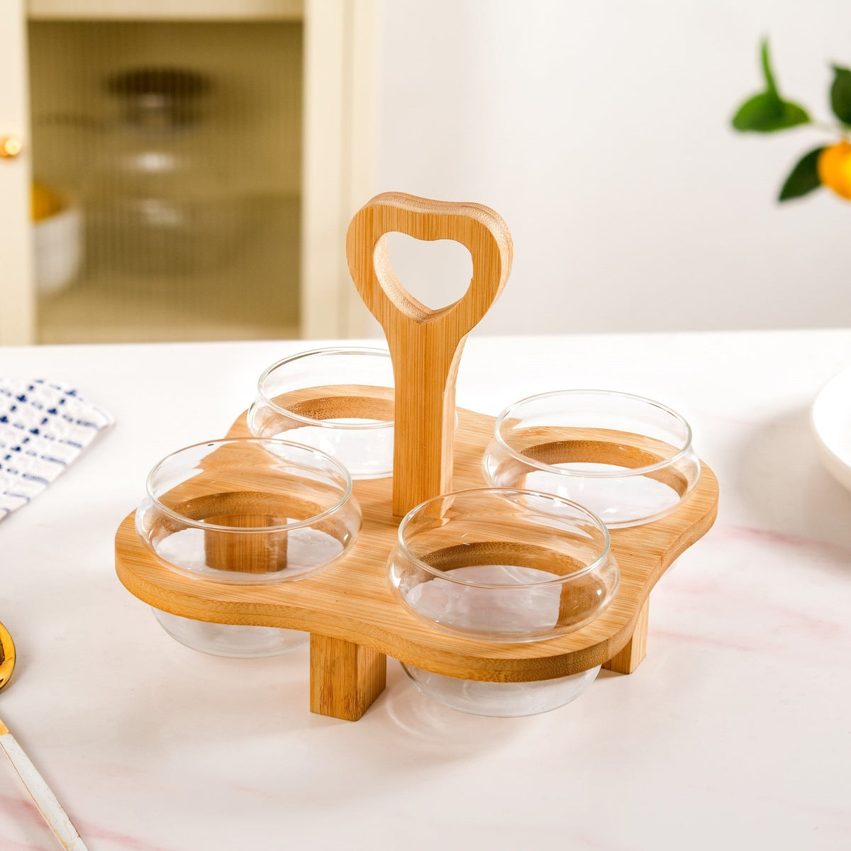 Glass Bowls Set Of 4 With Bamboo Stand Nestasia