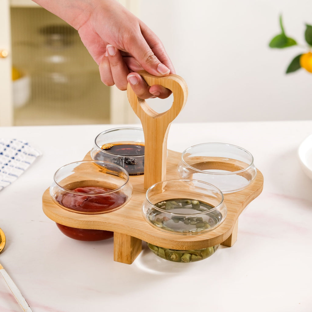 Glass Bowls Set Of 4 With Bamboo Stand Nestasia