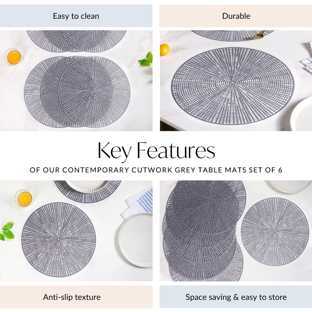 Contemporary Cutwork Grey Table Mats Set Of 6 Nestasia