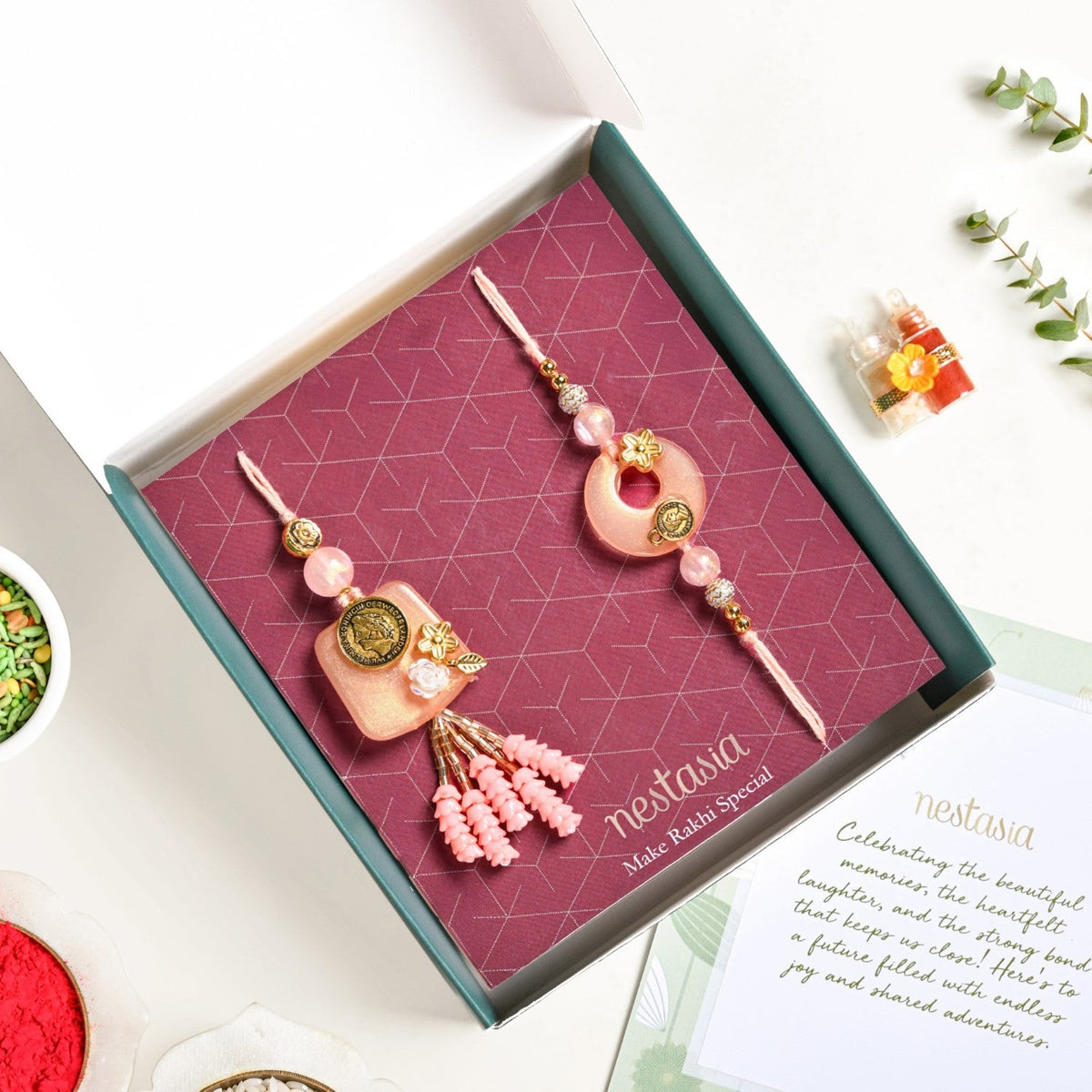 Coral Hue Rakhi Lumba Gift Set Nestasia