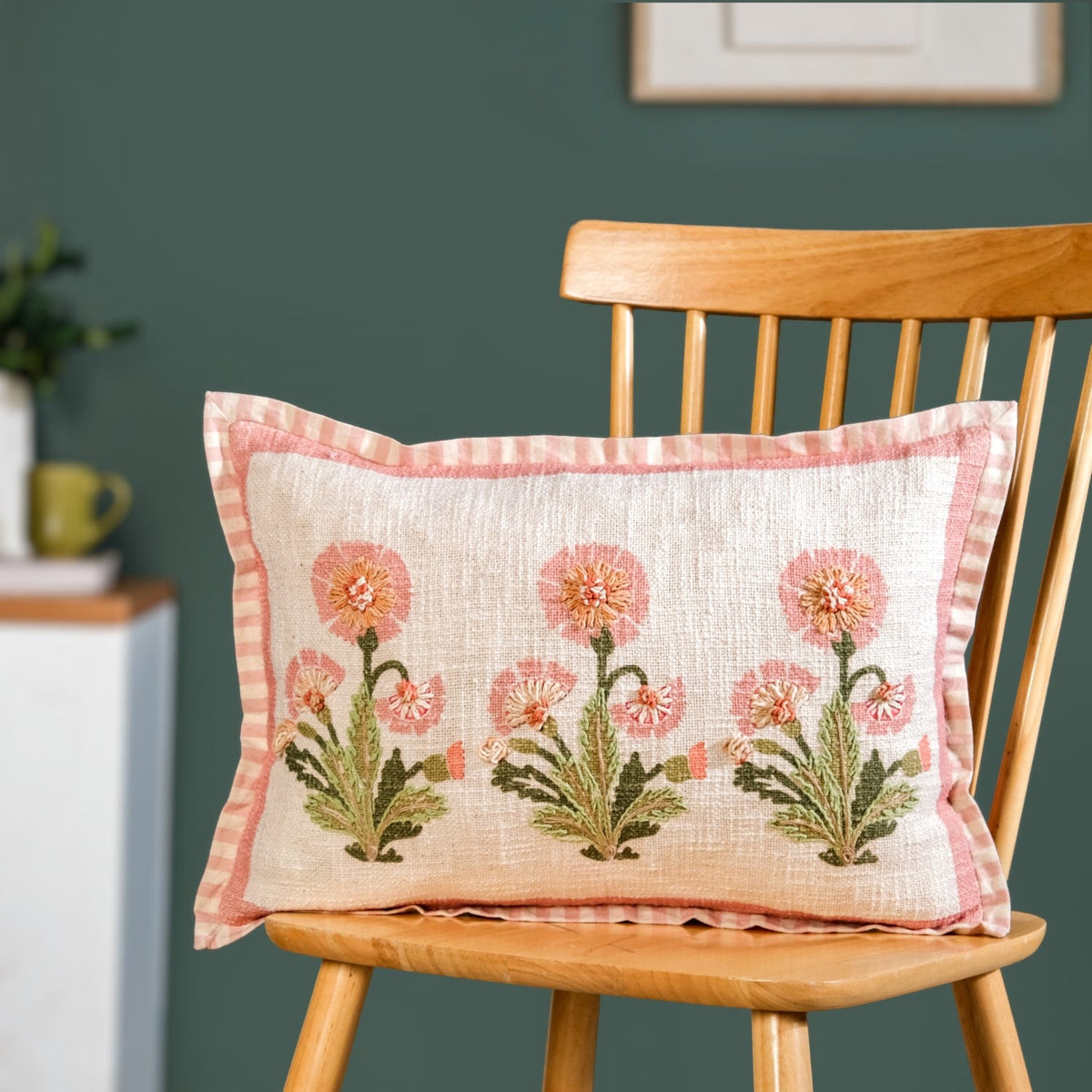 Coral Bloom Embroidered Cotton Cushion Cover 50x35cm Nestasia