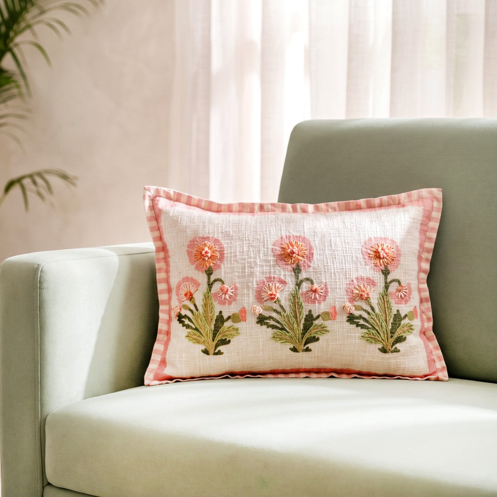 Coral Bloom Embroidered Cotton Cushion Cover 50x35cm Nestasia