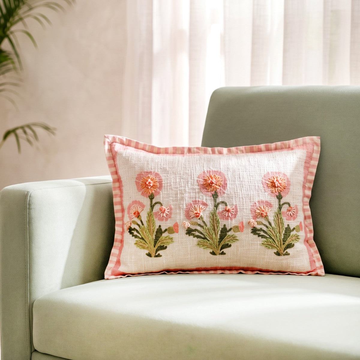 Coral Bloom Embroidered Cotton Cushion Cover 50x35cm Nestasia