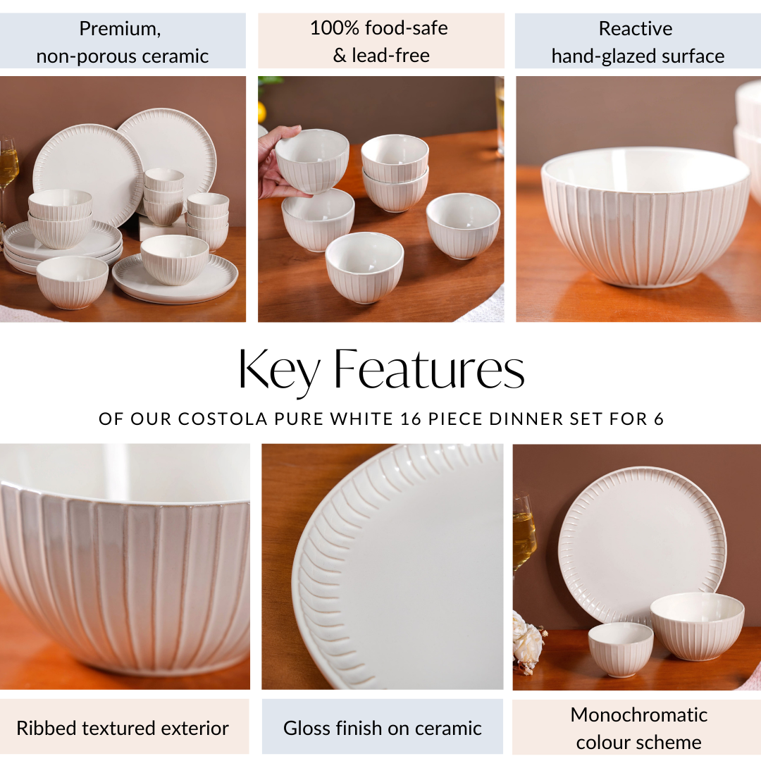 Costola Pure White 16 Piece Dinner Set For 6 Nestasia