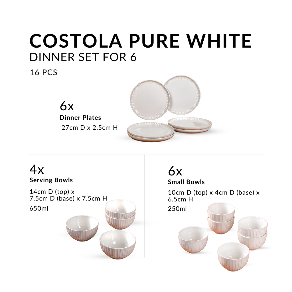 Costola Pure White 16 Piece Dinner Set For 6 Nestasia
