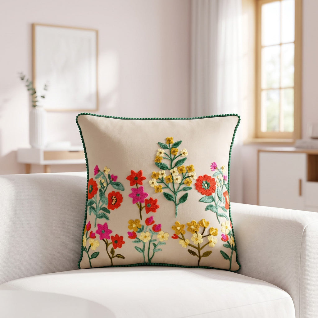 Meadow Blooms Embroidered Cotton Cushion Cover 40x40cm Nestasia
