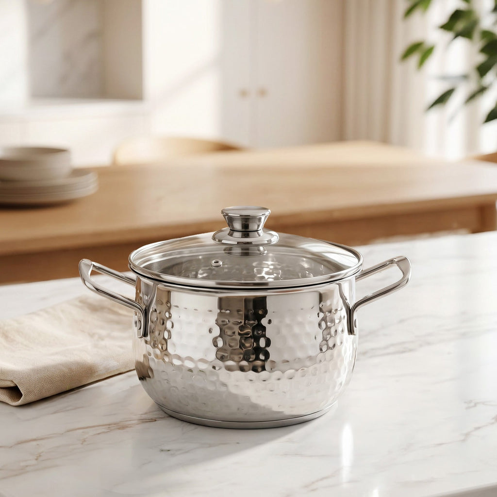 Steel Hammered Serving Handi With Glass Lid 1250ml Nestasia
