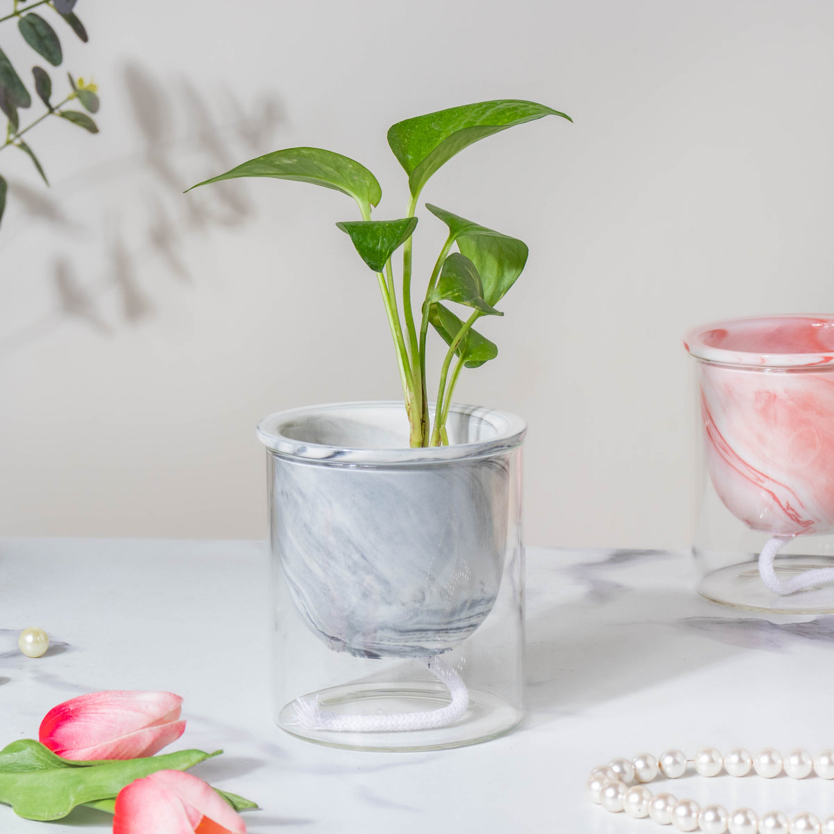Modern Grey Ceramic Planter With Glass Stand Nestasia