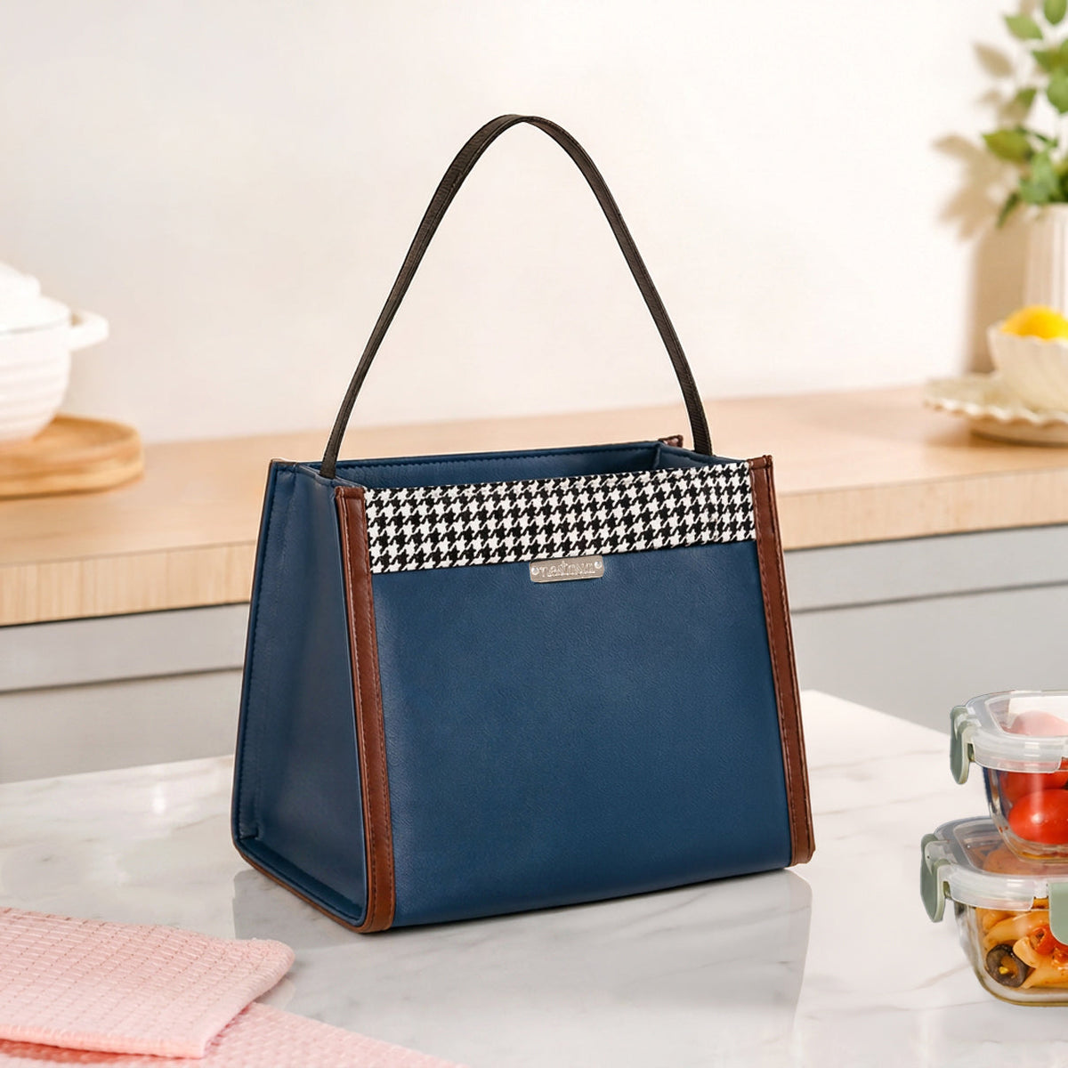 PackEase Houndstooth Pattern Stylish Lunch Bag For Work Blue Nestasia