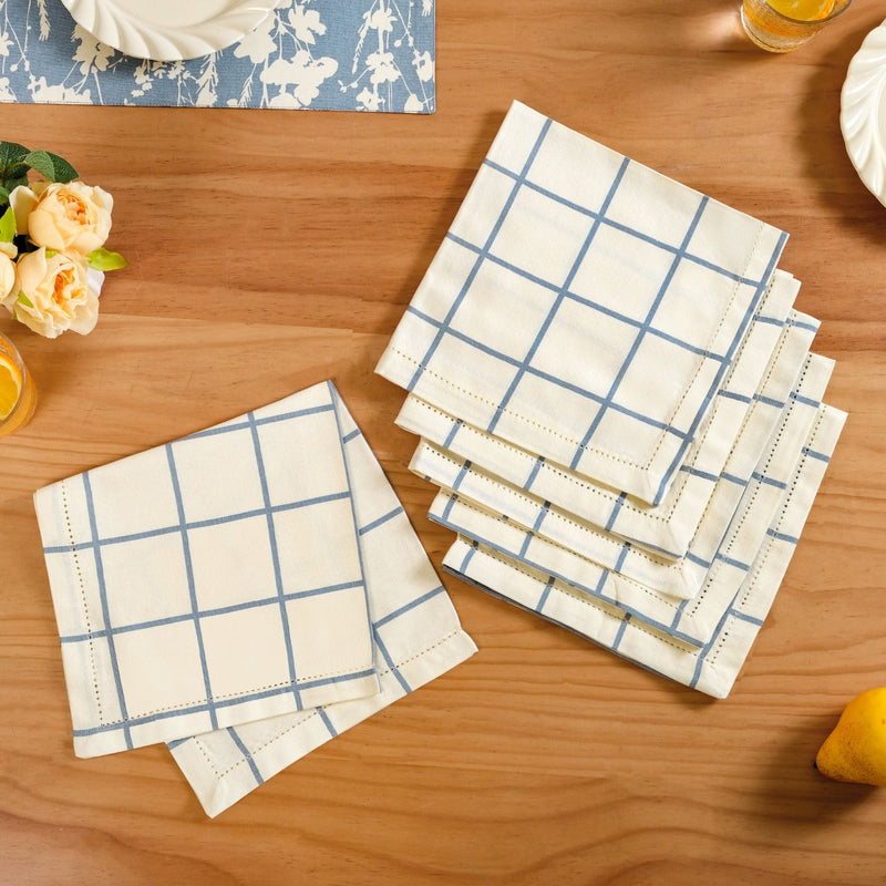 Slate Blue Grid Pure Cotton Table Napkin Set Of 6 Nestasia