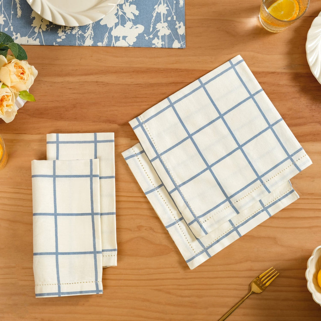 Slate Blue Grid Pure Cotton Table Napkin Set Of 4 Nestasia