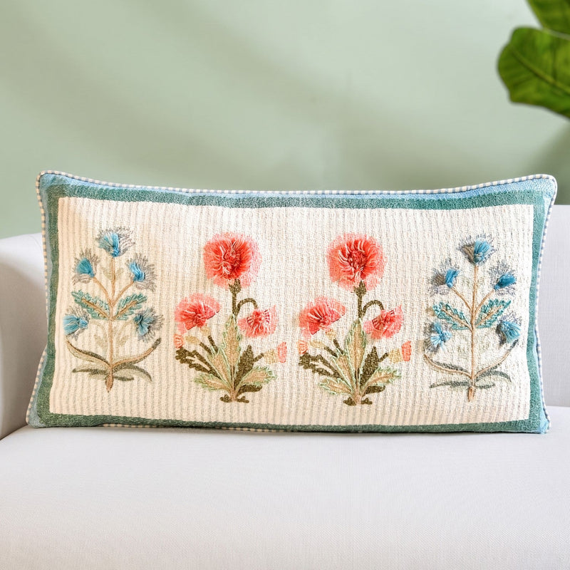 Carnation Tuft Cotton Embroidered Cushion Cover 61x36cm Nestasia
