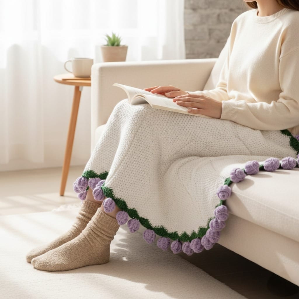Crochet Flower Bouquet Throw Purple 80cm Nestasia