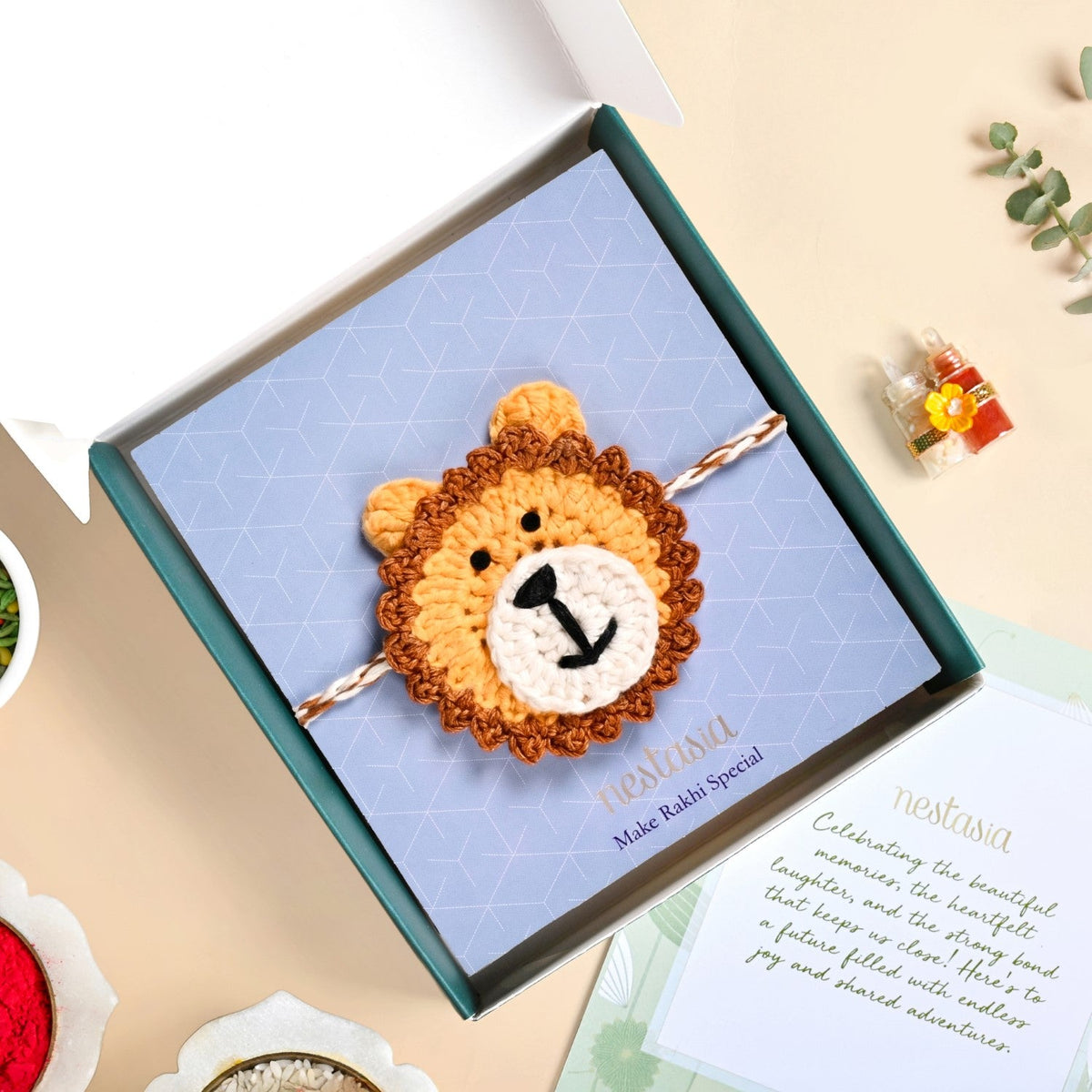 Crochet Natural Fibre Kids Lion Rakhi Gift Set Nestasia