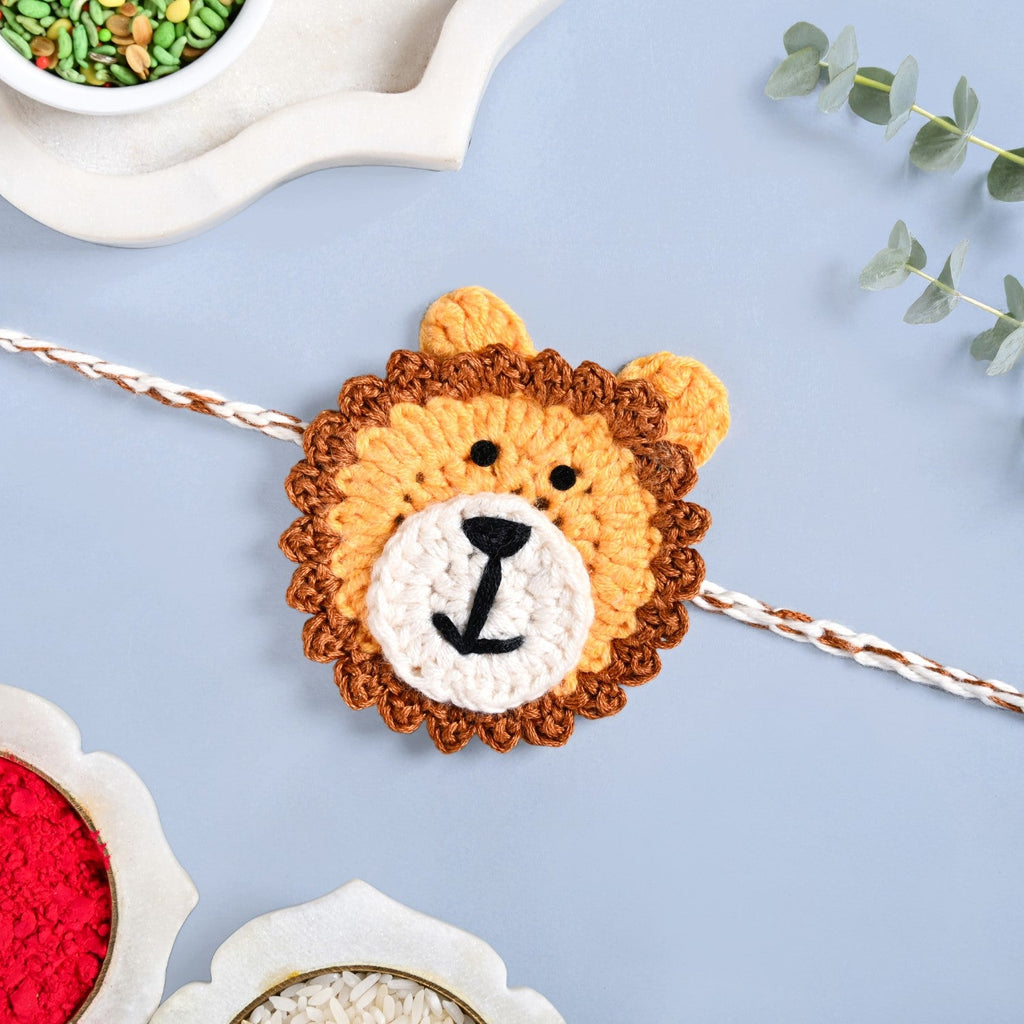 Crochet Natural Fibre Kids Lion Rakhi Gift Set Nestasia