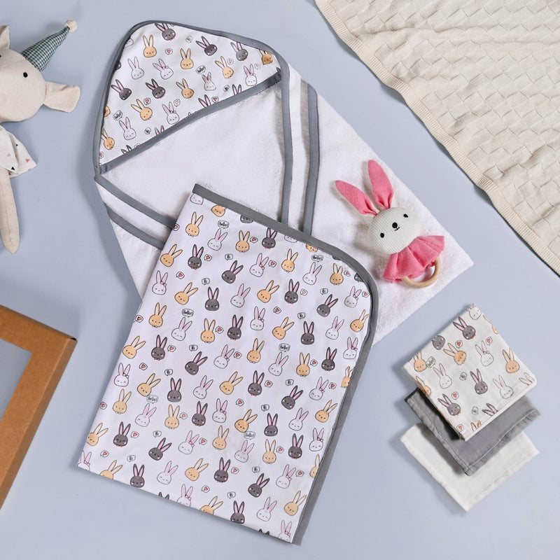 Cuddle Bunny Baby Hamper With Swaddle Towel Napkin Rattle Set Of 6 Nestasia