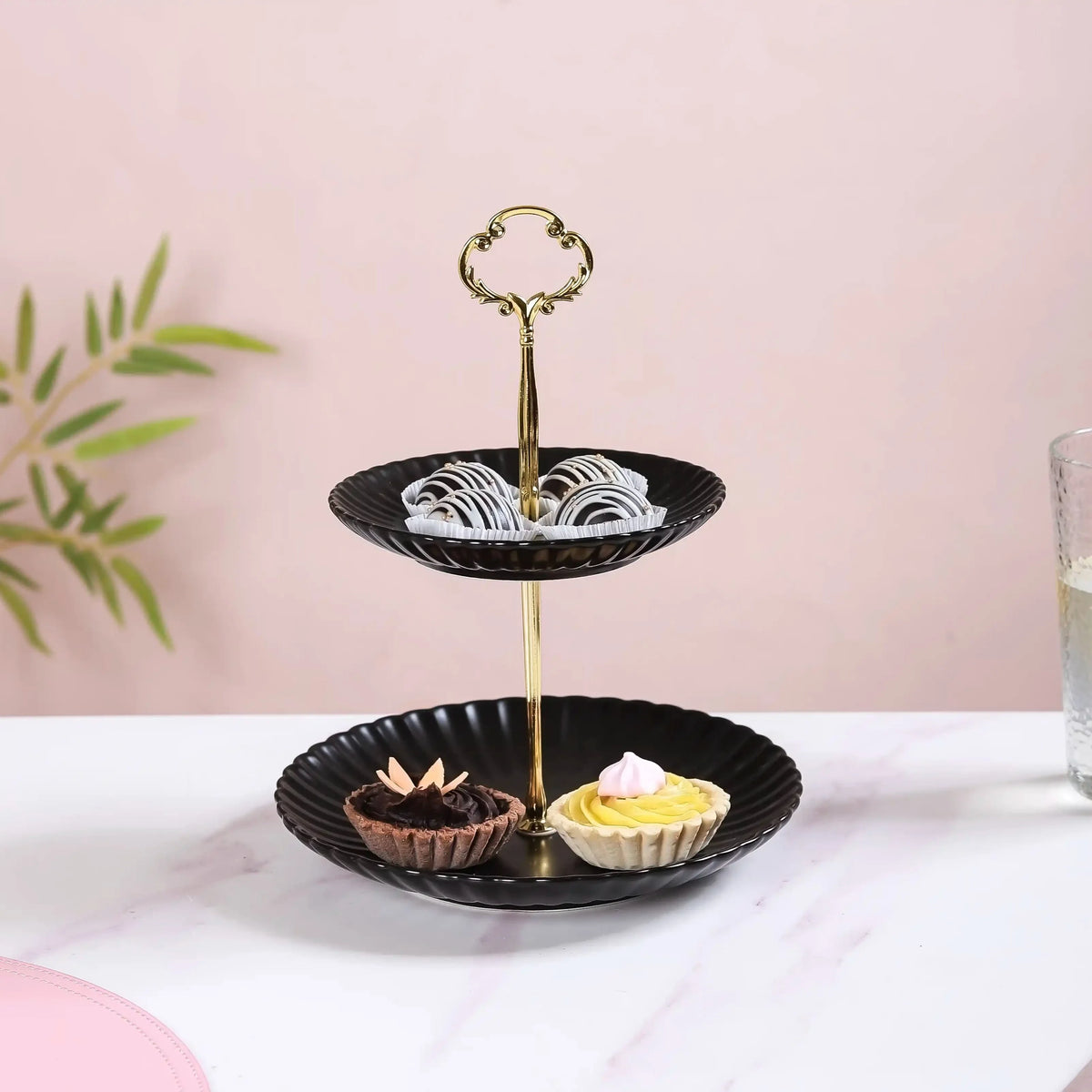 Black Gold 2-Tier Ceramic Cupcake Stand Nestasia