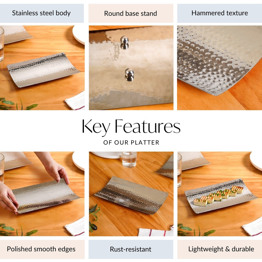 Curved Stainless Steel Hammered Food Platter 25x15cm Nestasia