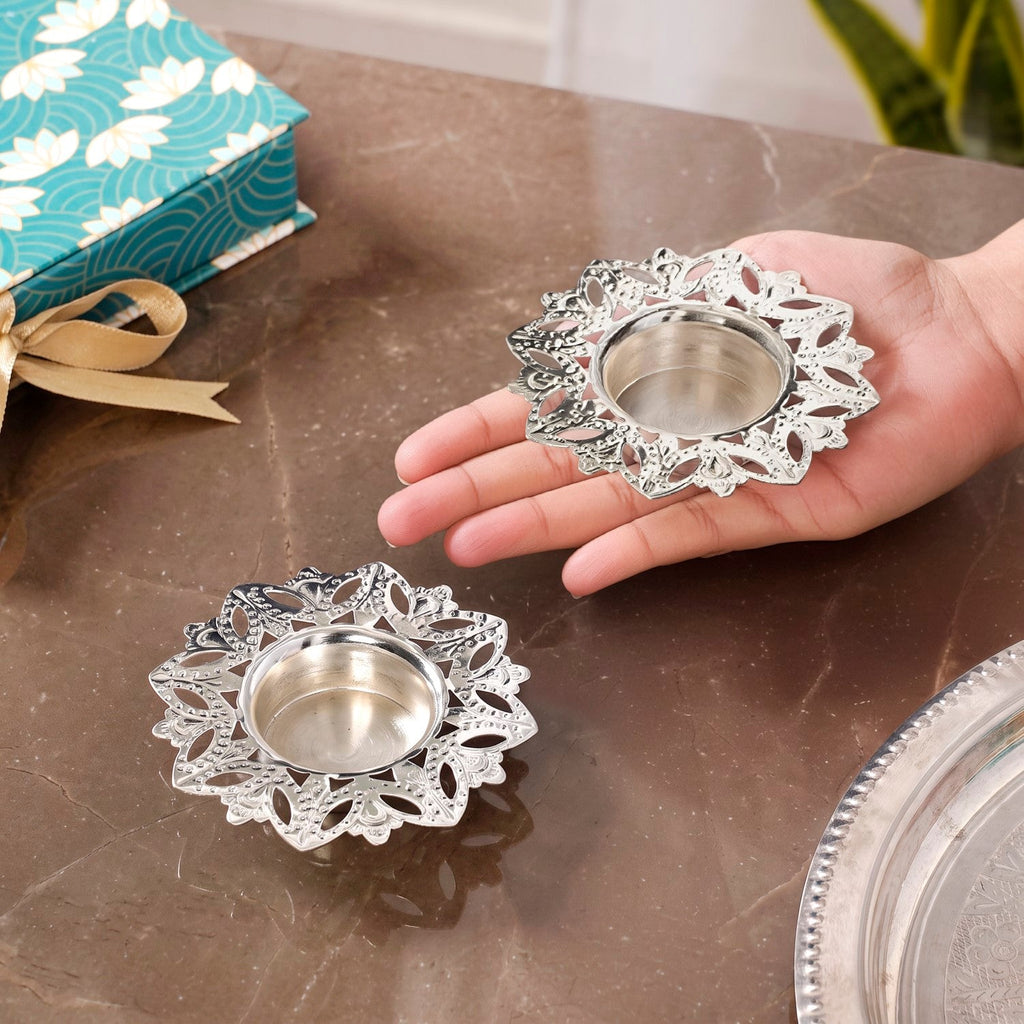 Silver Plated Brass Tealight Holder Set Of 2 In Gift Box Nestasia