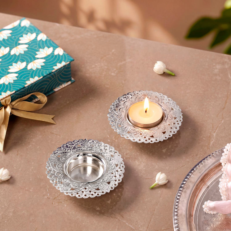 Cutwork Silver Plated Brass Tealight Holder Set Of 2 In Gift Box Nestasia