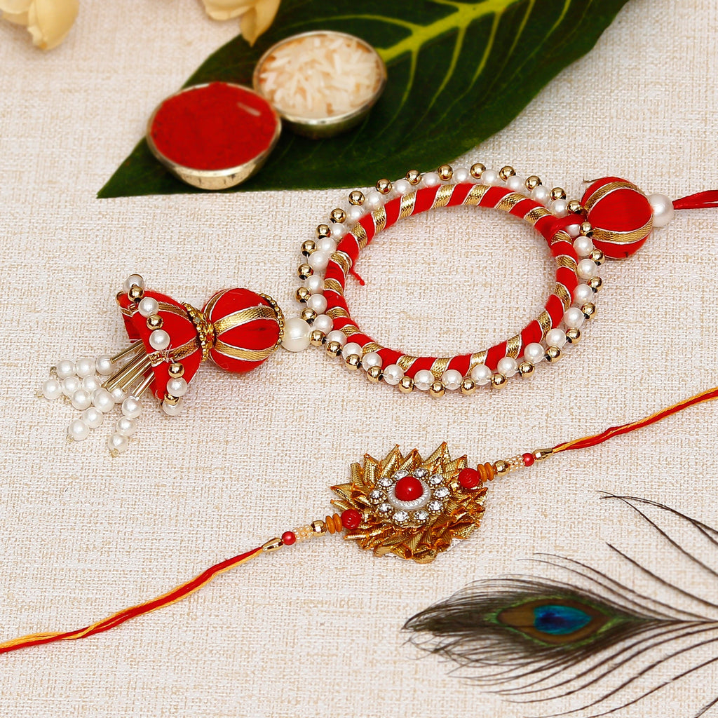 Designer Gota Patti Bhaiya Bhabhi Rakhi and Roli Chawal Pack Kafalo