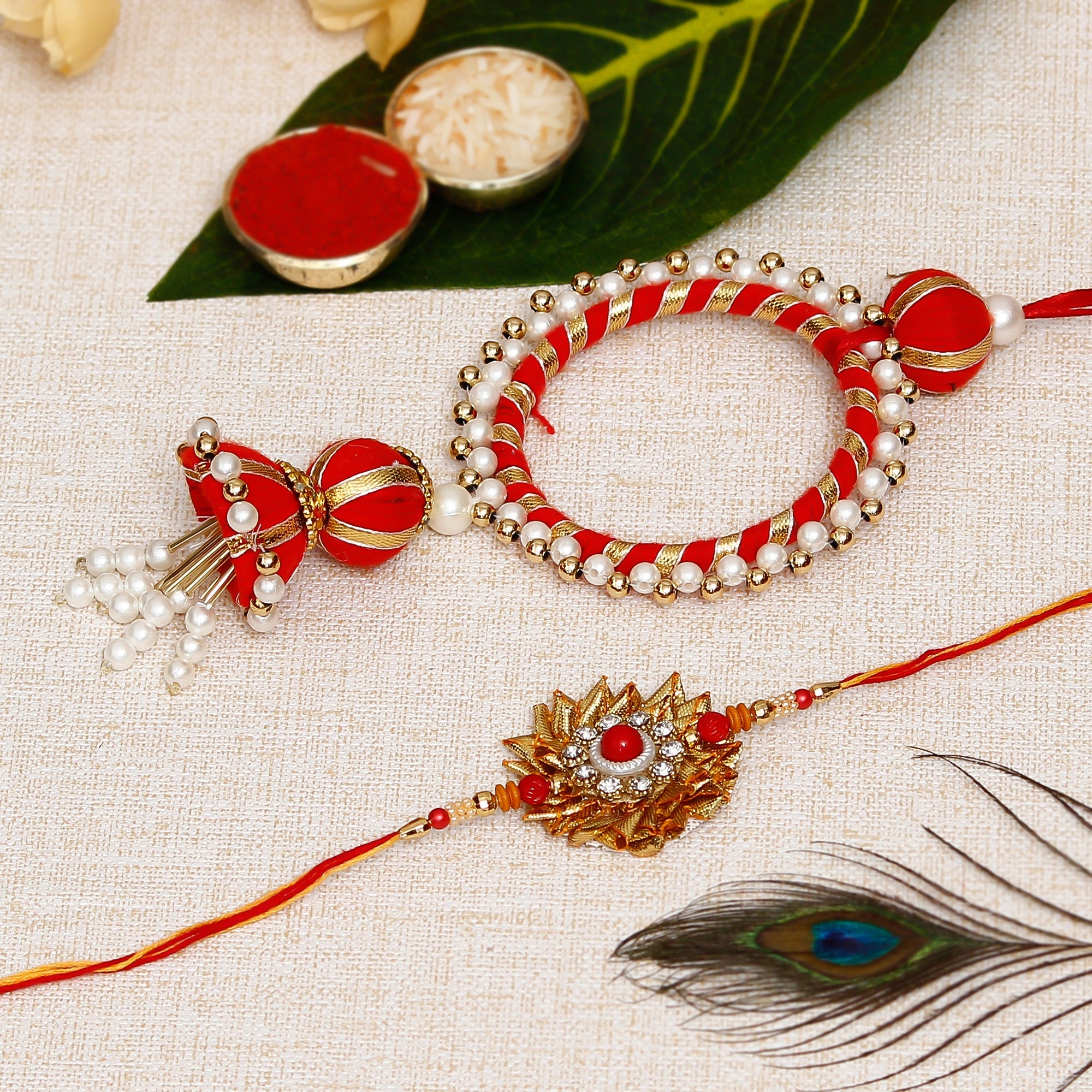 Designer Gota Patti Bhaiya Bhabhi Rakhi and Roli Chawal Pack Kafalo