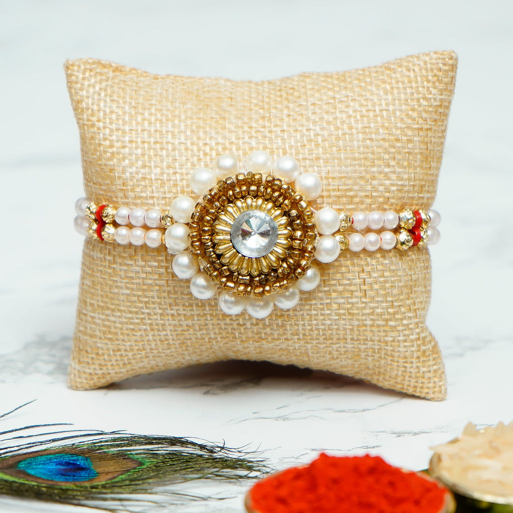 Designer Handcrafted Stone Pearl Rakhi and Roli Chawal Pack Kafalo