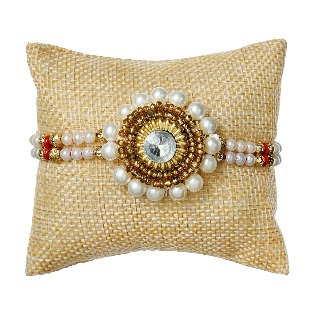 Designer Handcrafted Stone Pearl Rakhi and Roli Chawal Pack Kafalo