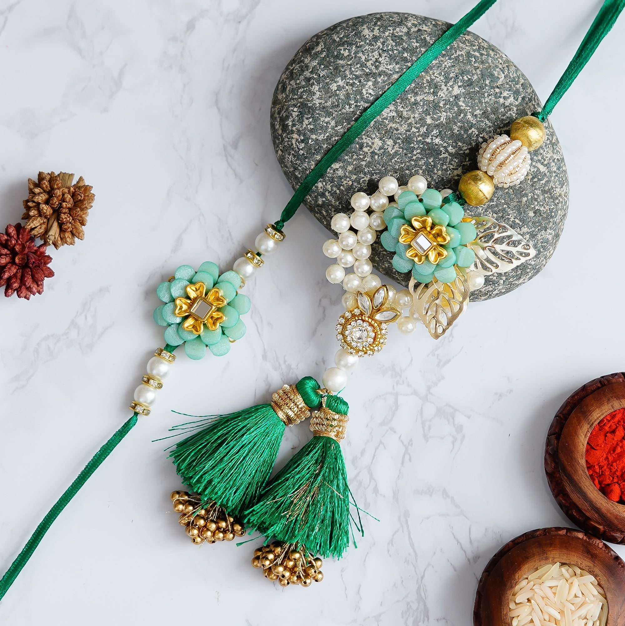 Designer Handcrafted Premium Bhaiya Bhabhi Rakhi and Roli Chawal Pack Kafalo