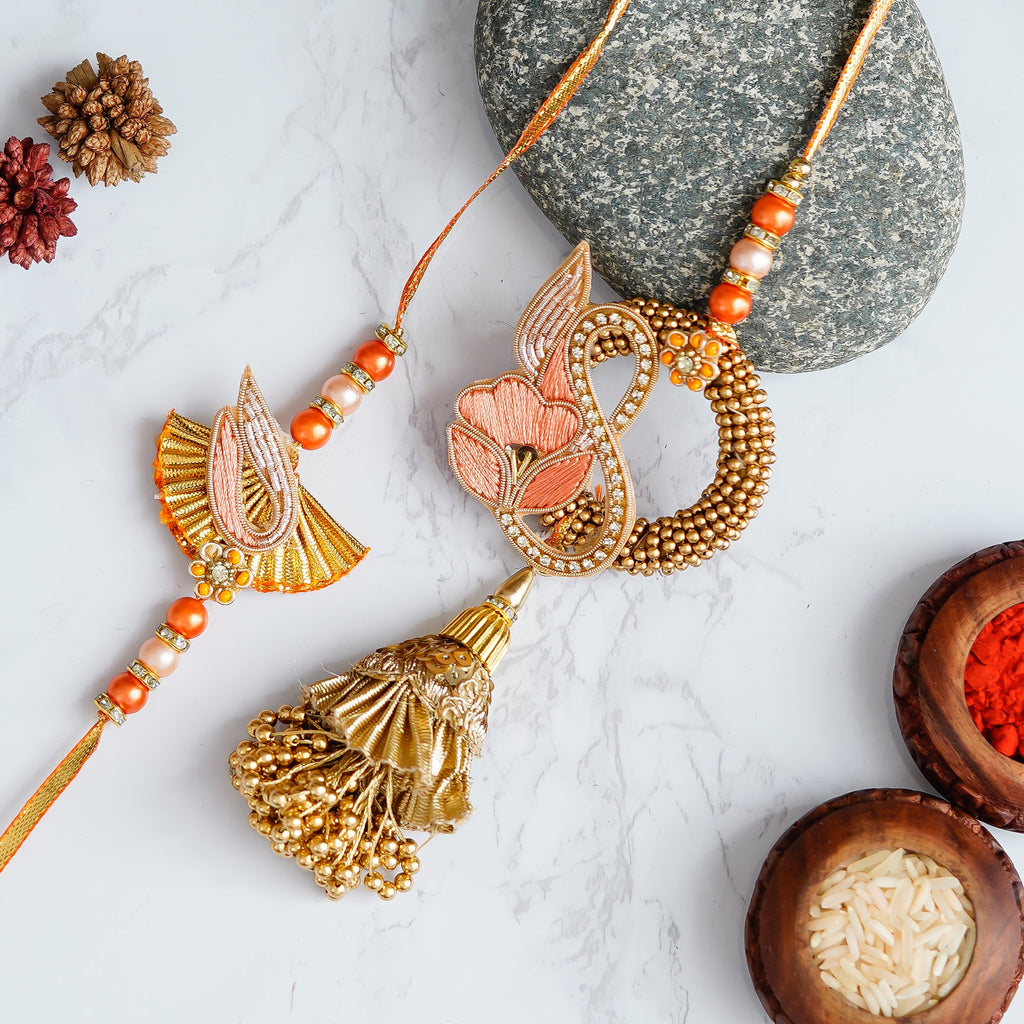 Designer Handcrafted Premium Bhaiya Bhabhi Rakhi and Roli Chawal Pack Kafalo