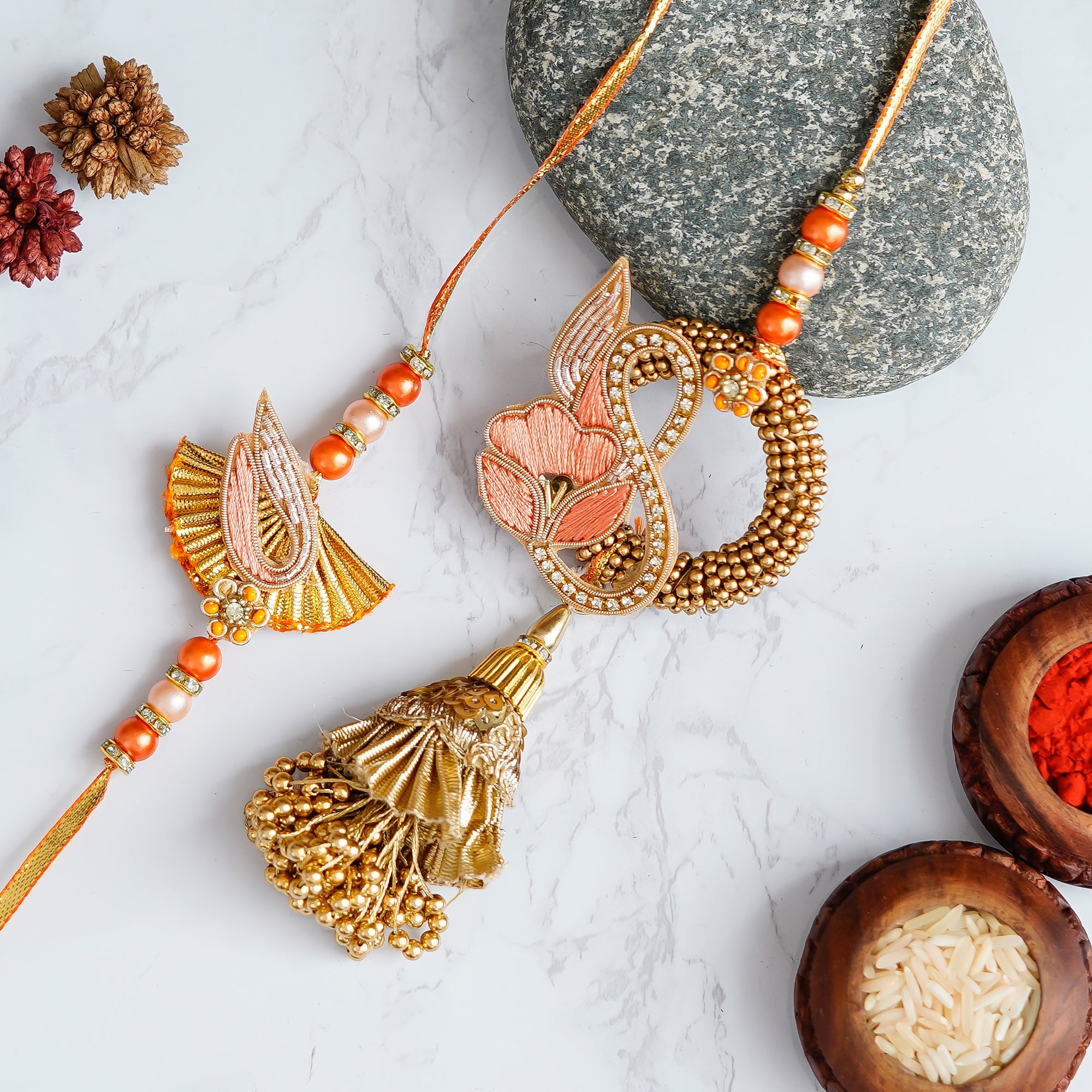 Designer Handcrafted Premium Bhaiya Bhabhi Rakhi and Roli Chawal Pack Kafalo