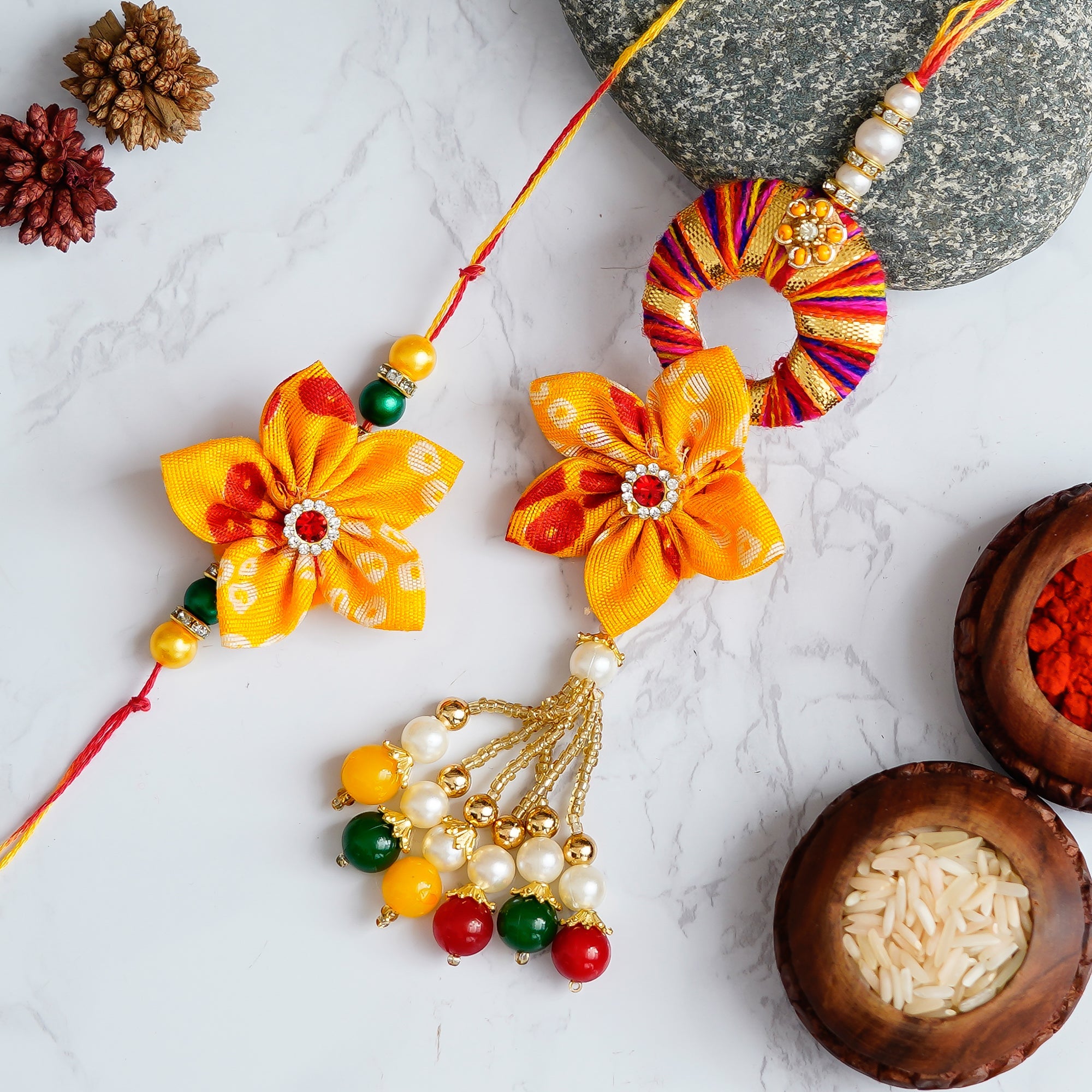 Designer Handcrafted Premium Bhaiya Bhabhi Rakhi and Roli Chawal Pack Kafalo