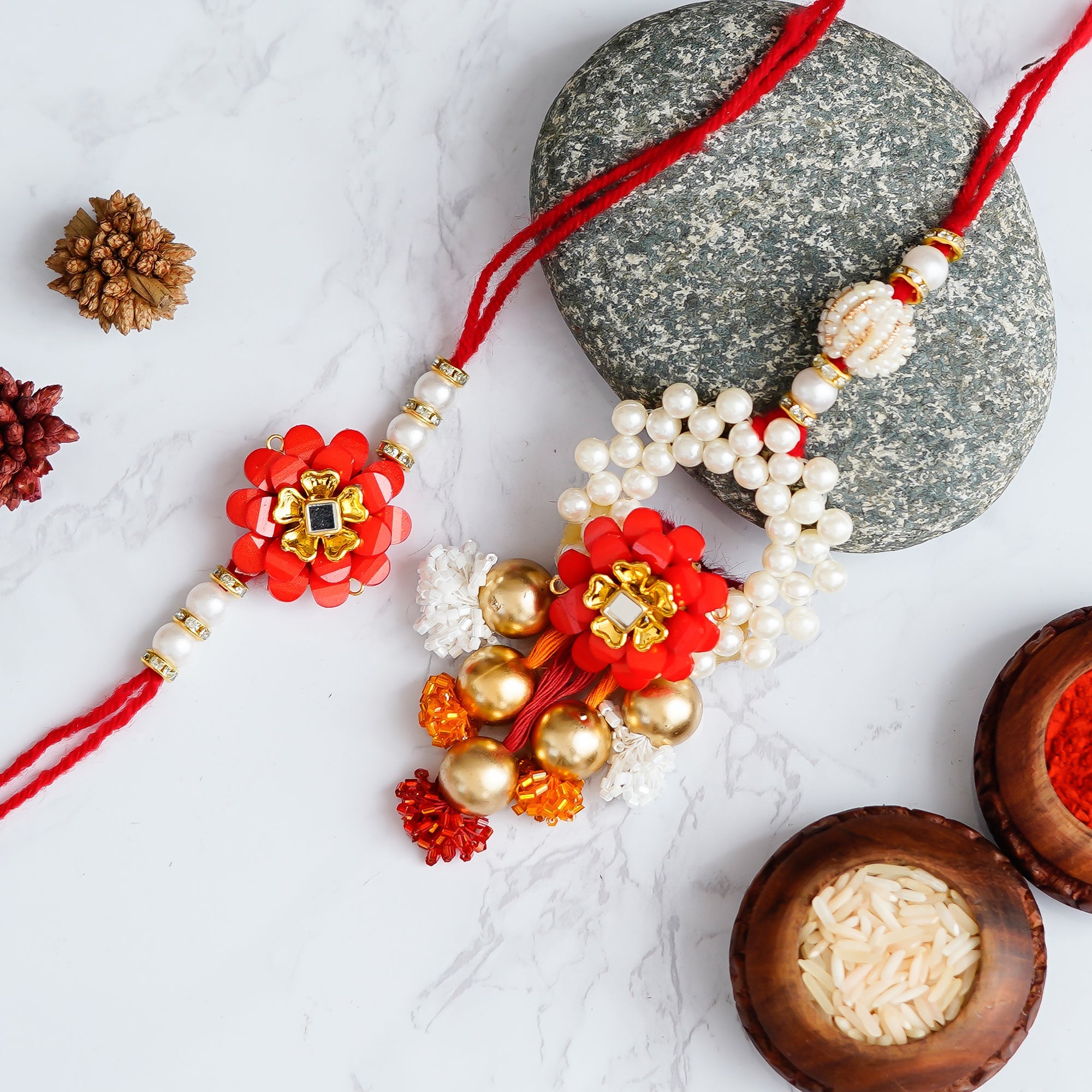 Designer Handcrafted Premium Bhaiya Bhabhi Rakhi and Roli Chawal Pack Kafalo
