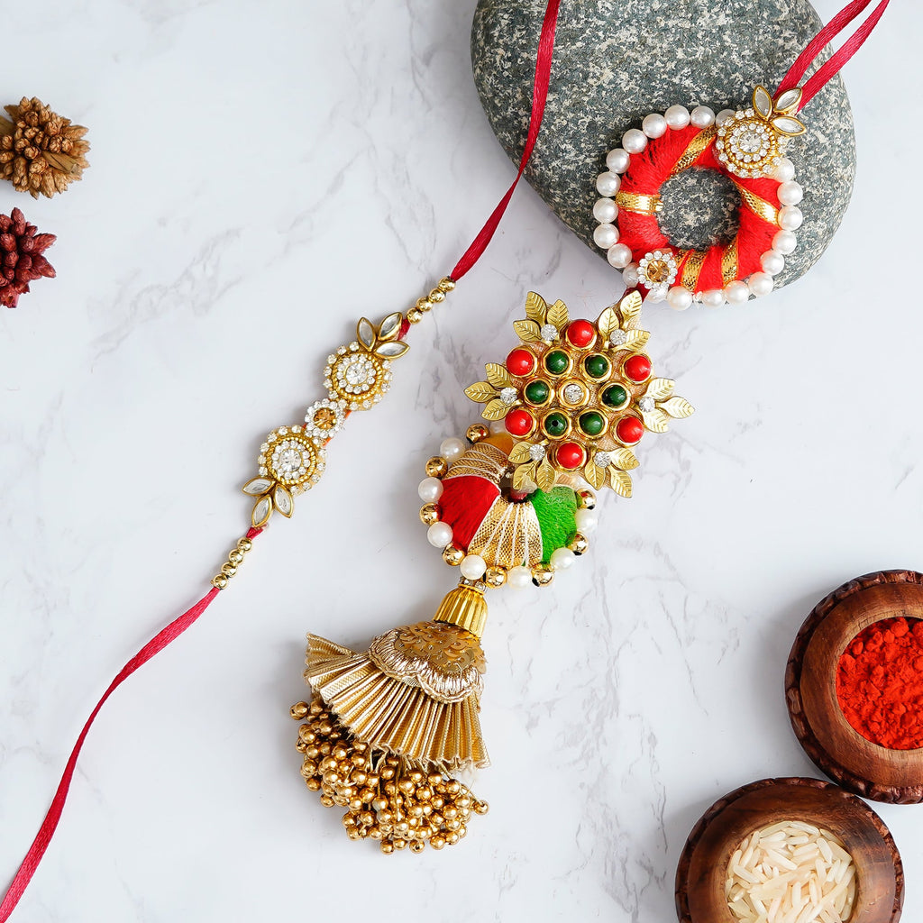 Designer Handcrafted Premium Bhaiya Bhabhi Rakhi and Roli Chawal Pack Kafalo