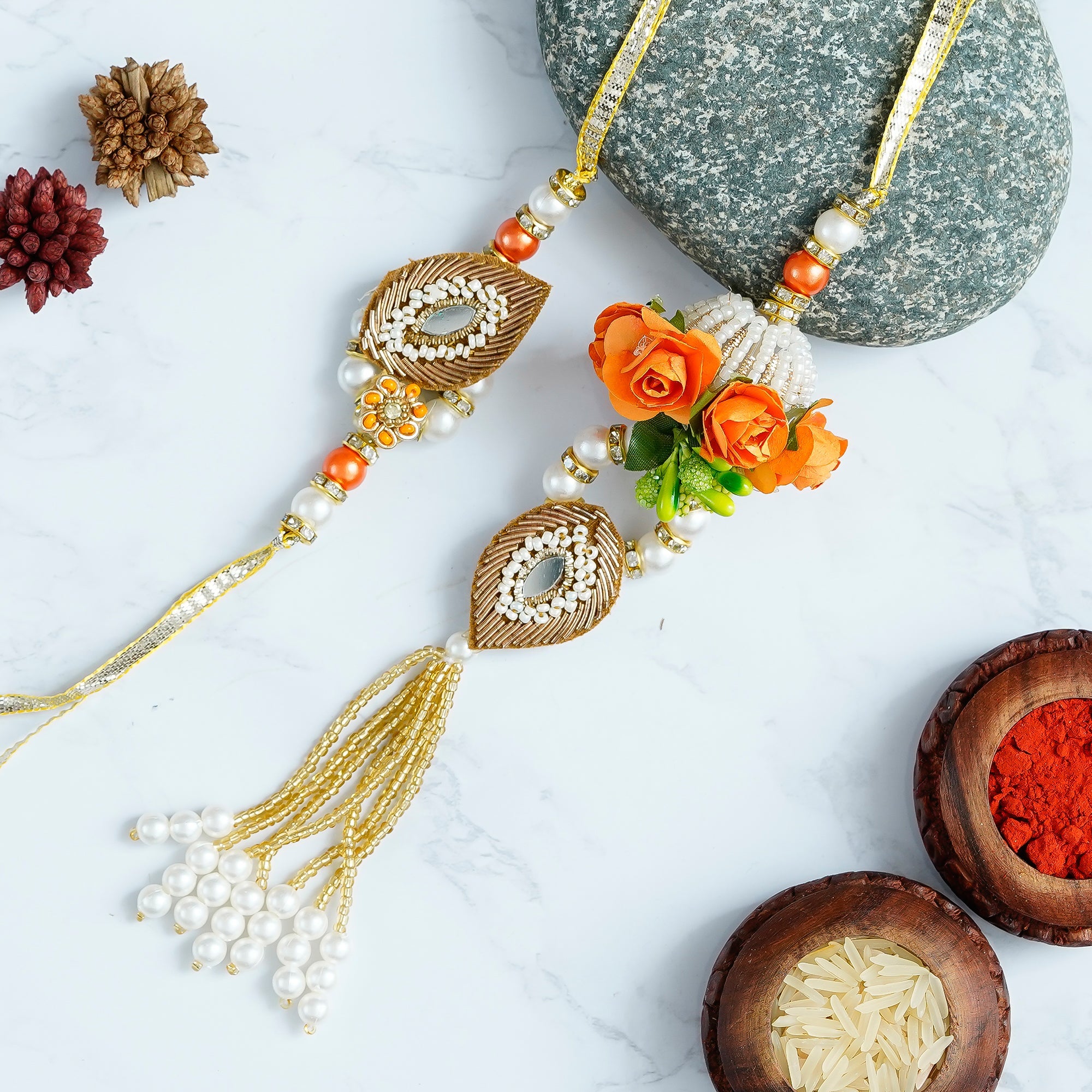 Designer Handcrafted Premium Bhaiya Bhabhi Rakhi and Roli Chawal Pack Kafalo