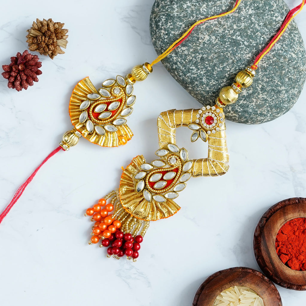 Designer Handcrafted Premium Bhaiya Bhabhi Rakhi and Roli Chawal Pack Kafalo