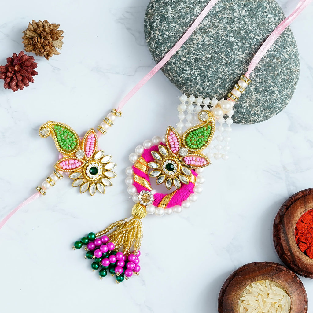Designer Handcrafted Premium Bhaiya Bhabhi Rakhi and Roli Chawal Pack Kafalo