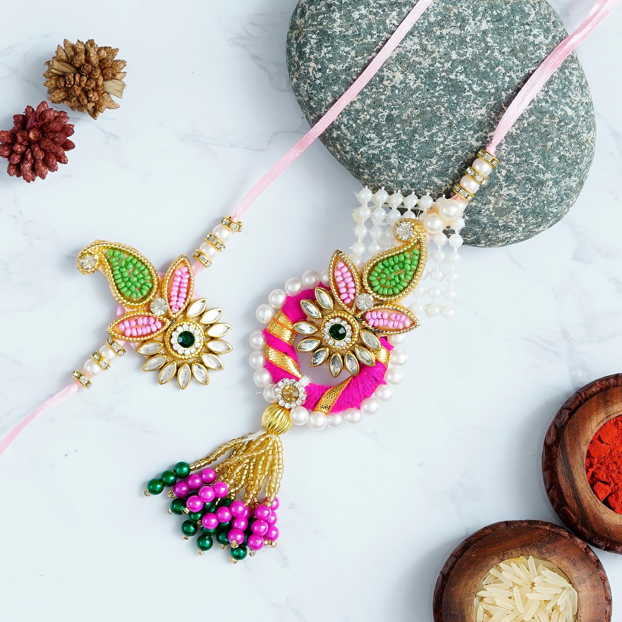 Designer Handcrafted Premium Bhaiya Bhabhi Rakhi and Roli Chawal Pack Kafalo