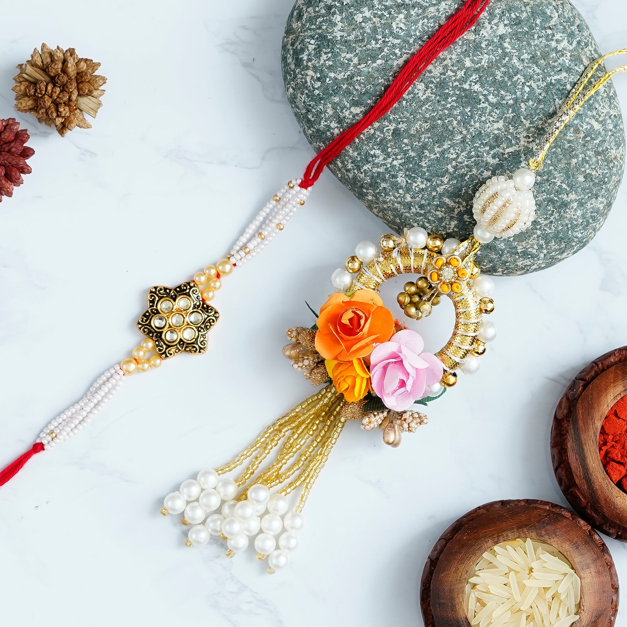 Designer Handcrafted Premium Bhaiya Bhabhi Rakhi and Roli Chawal Pack Kafalo