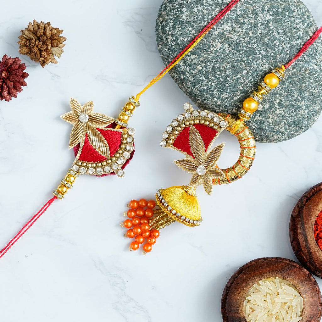 Designer Handcrafted Premium Bhaiya Bhabhi Rakhi and Roli Chawal Pack Kafalo