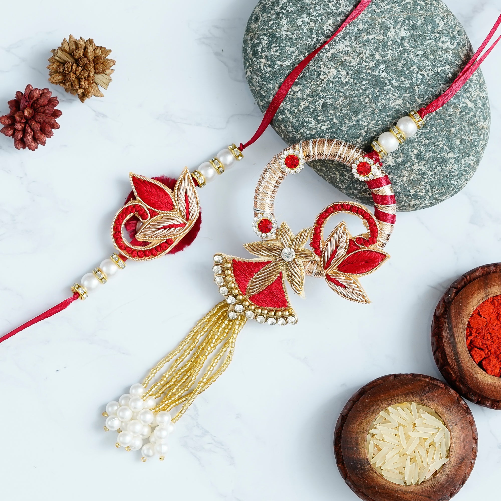 Designer Handcrafted Premium Bhaiya Bhabhi Rakhi and Roli Chawal Pack Kafalo