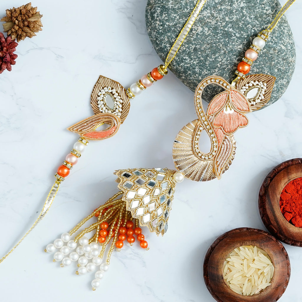 Designer Handcrafted Premium Bhaiya Bhabhi Rakhi and Roli Chawal Pack Kafalo