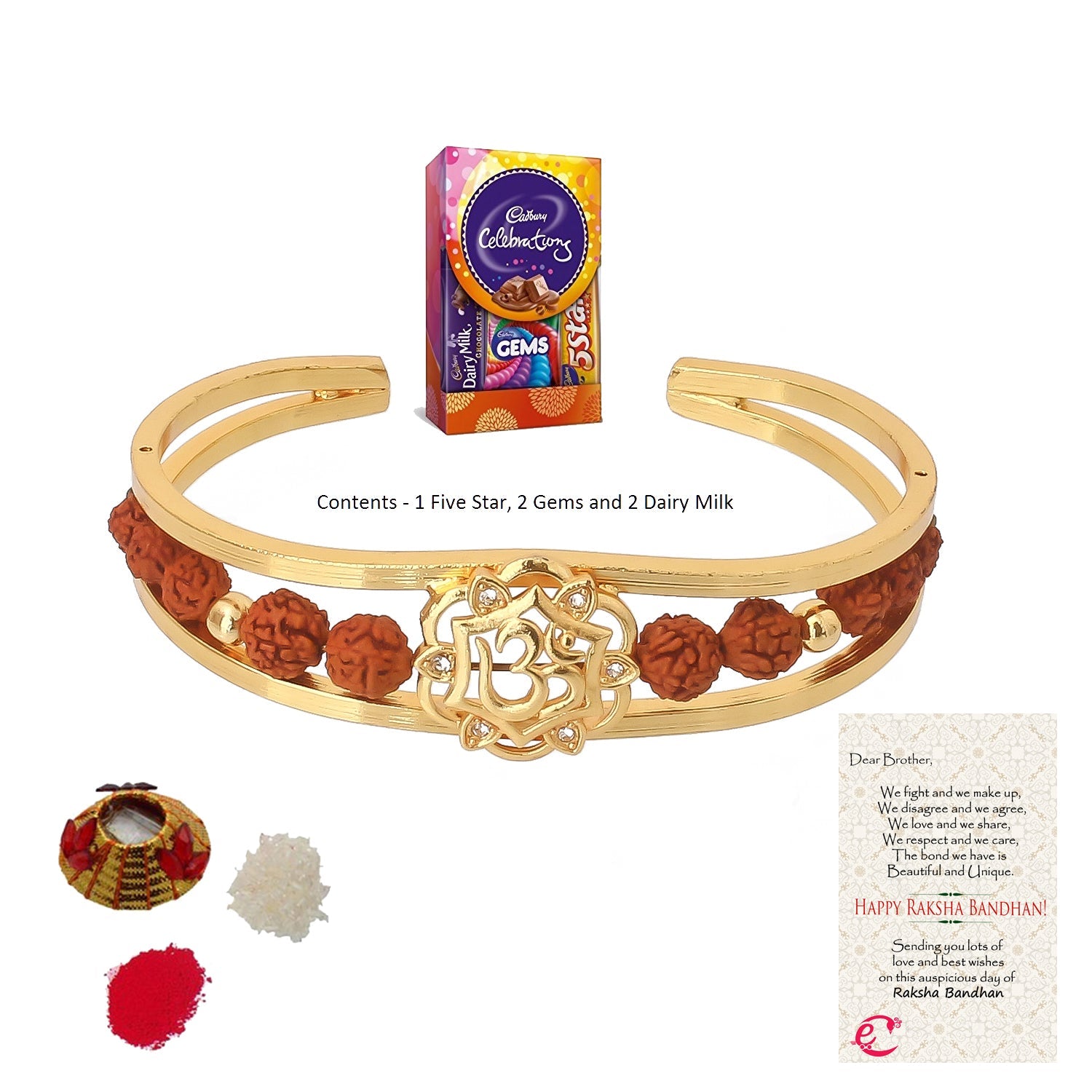 Rudrakash Kada with Cadbury Celebrations Gift Pack of 5 Assorted Chocolates and Roli Tikka Matki, Best Wishes Greeting Card Kafalo