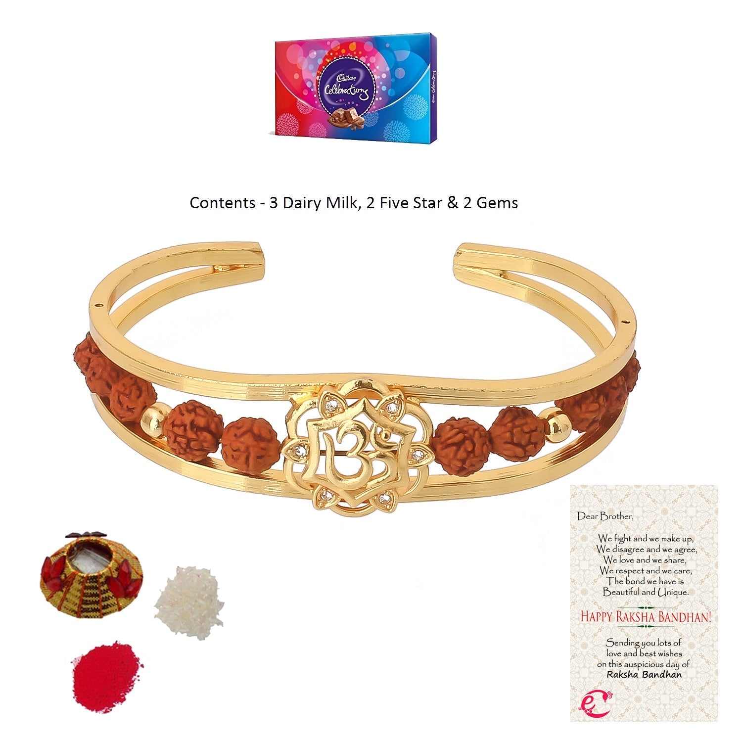 Rudrakash Kada with Cadbury Celebrations Gift Pack of 7 Assorted Chocolates and Roli Tikka Matki, Best Wishes Greeting Card Kafalo