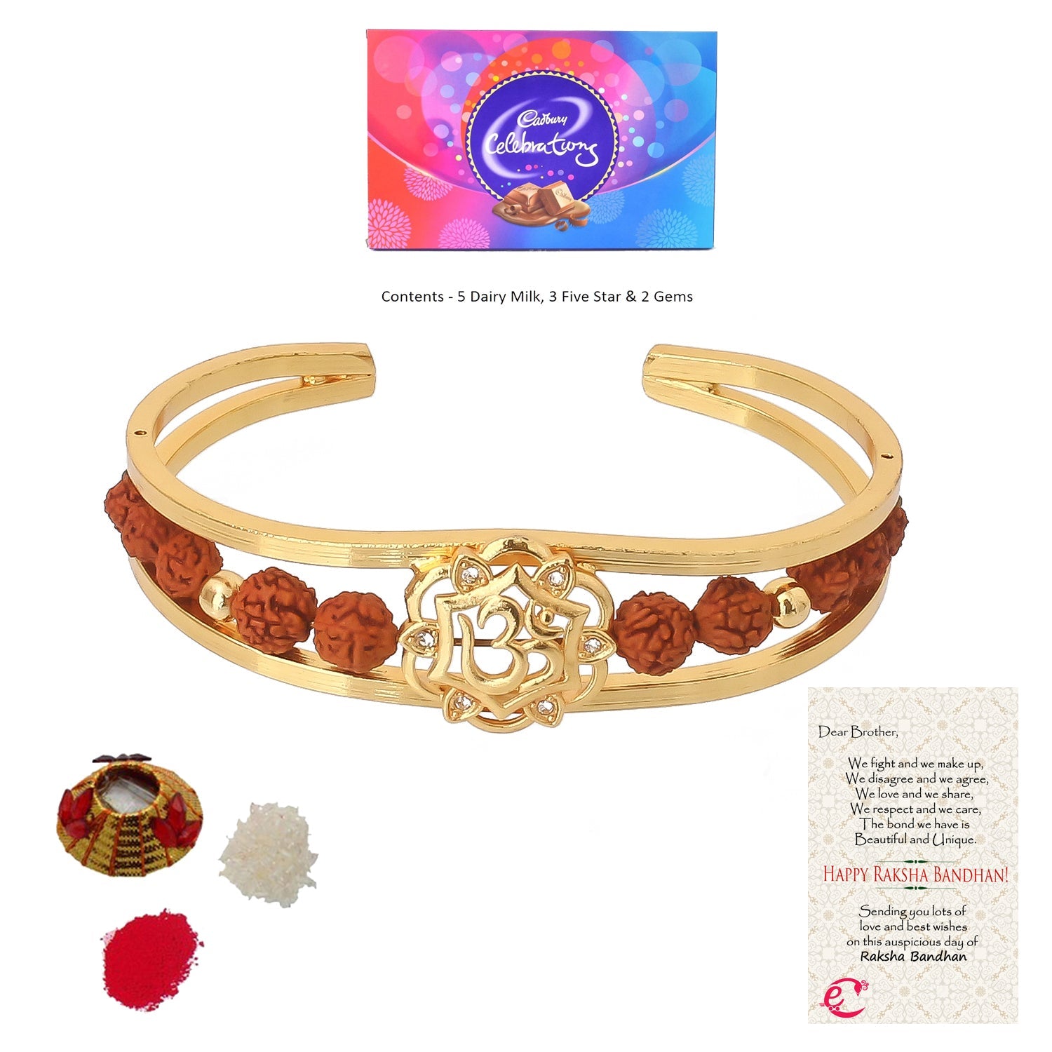 Rudrakash Kada with Cadbury Celebrations Gift Pack of 11 Assorted Chocolates and Roli Tikka Matki, Best Wishes Greeting Card Kafalo