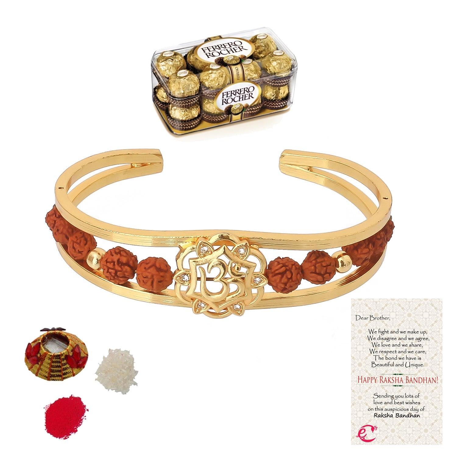 Rudrakash Kada with Ferrero Rocher (16 pcs) and Roli Tikka Matki, Best Wishes Greeting Card Kafalo