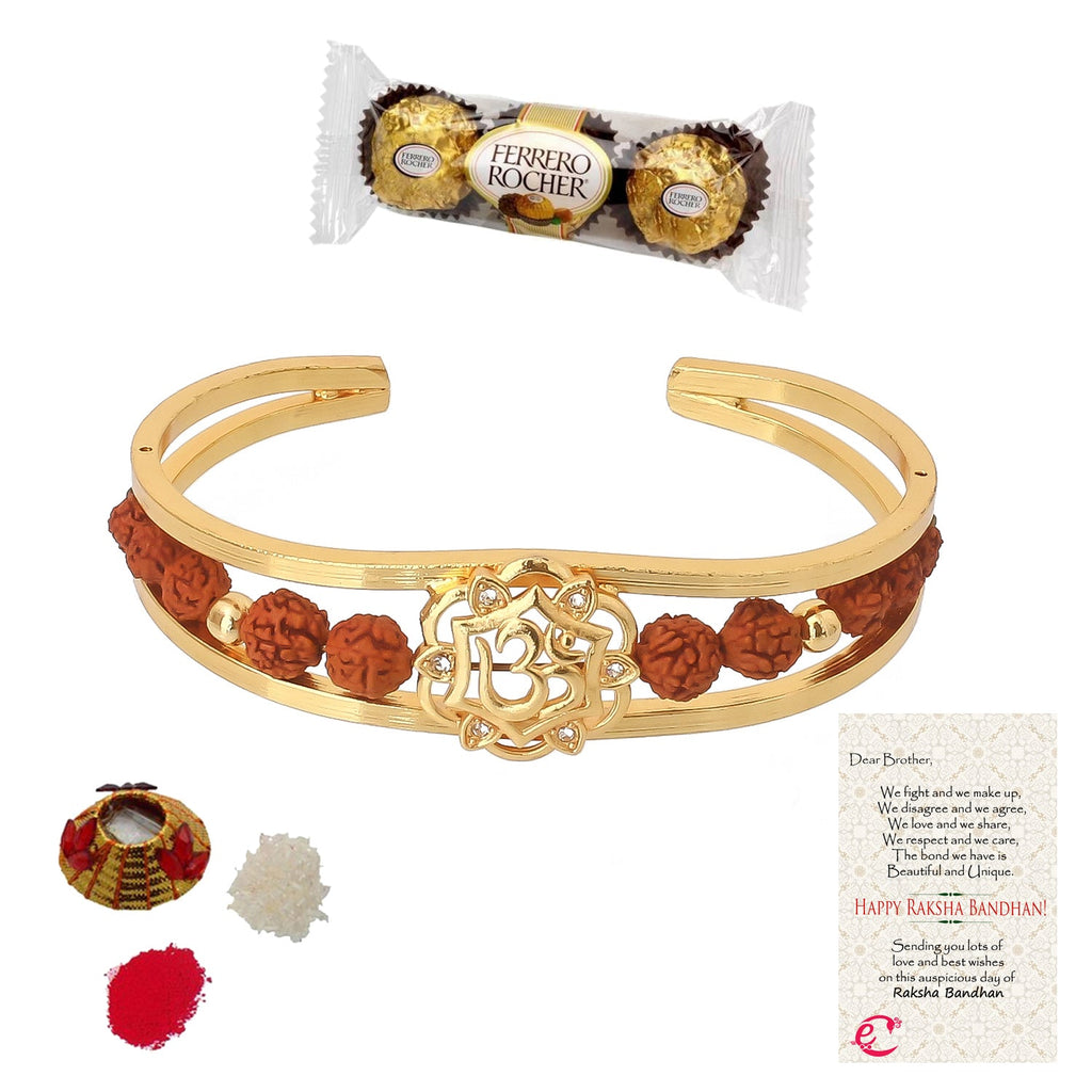 Rudrakash Kada with Ferrero Rocher (3 pcs) and Roli Tikka Matki, Best Wishes Greeting Card Kafalo