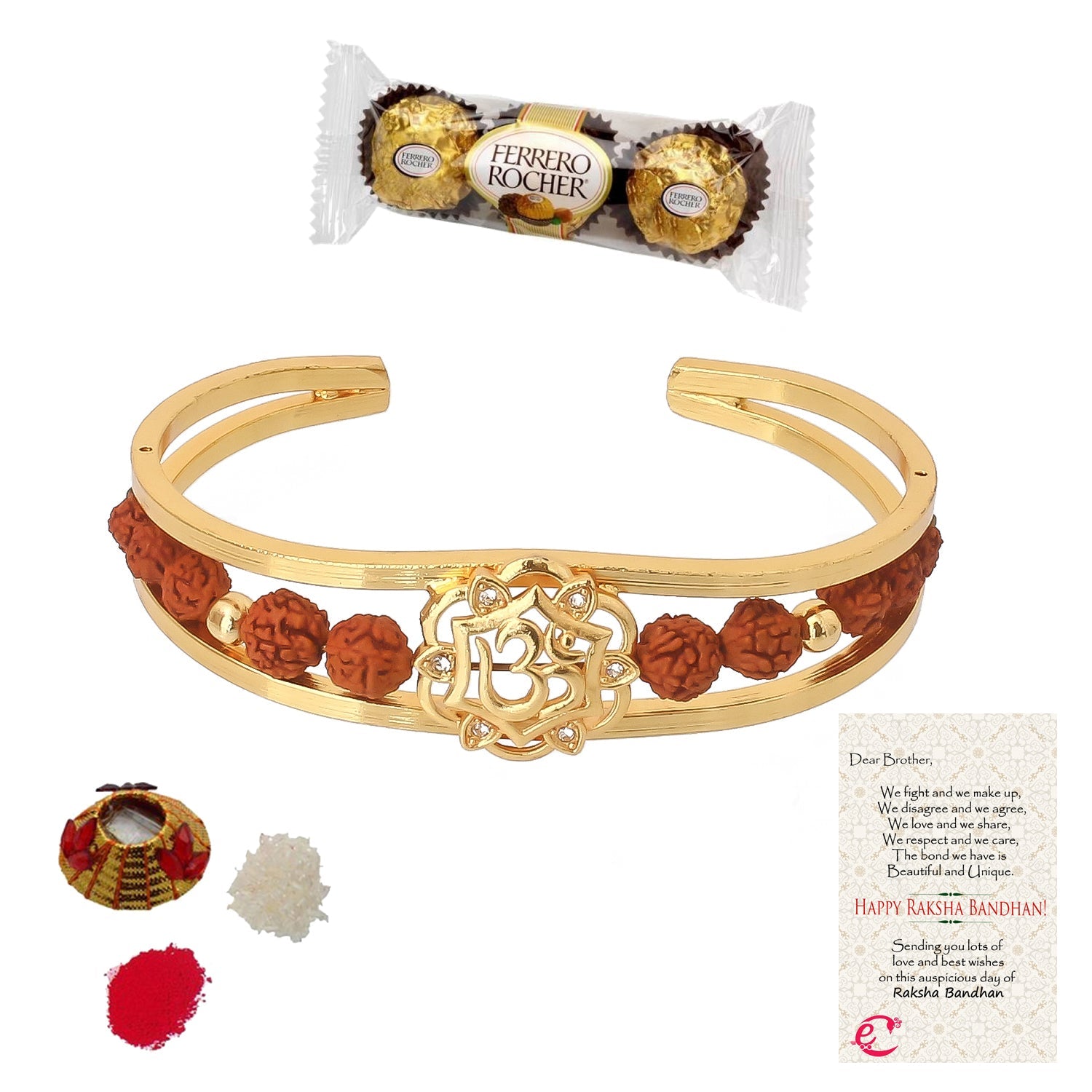 Rudrakash Kada with Ferrero Rocher (3 pcs) and Roli Tikka Matki, Best Wishes Greeting Card Kafalo